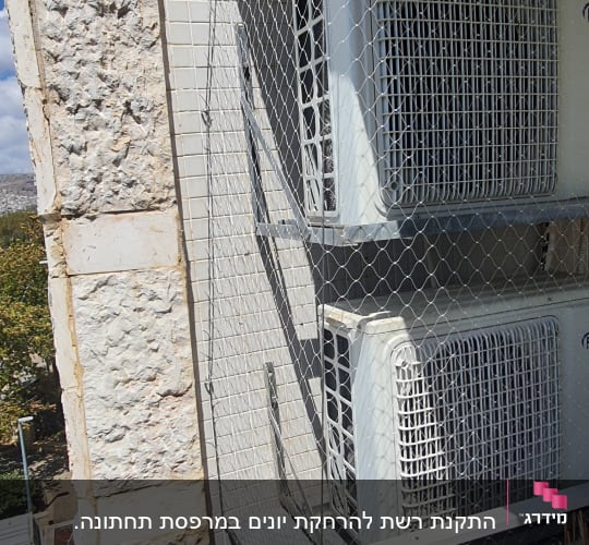 רשת מתכת מותקנת למניעת כניסת יונים למרפסת